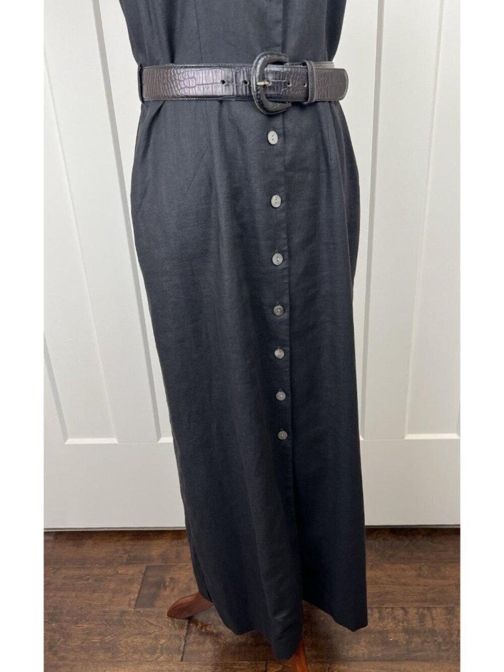 Vintage Harold’s Linen Shirt Dress Black Ivory Stitch Belted Midi Size 6 Sleek - Picture 15 of 16